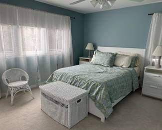 Queen iMattress, bedding set, white queen bed frame, wicker style chest, 2 white nightstands, wicker style chair, 2 lamps