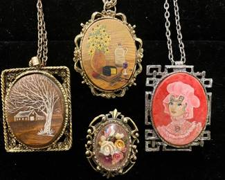 Vtg. Hand painted pendants and floral bubble brooch