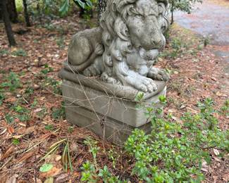 One of Two Very Large Concrete Lion Statues Two Pieces with Base.     Base is 24 inches high & 36 inches in length. Lions are 32 inches high. 56 inches total in height. 36 inches total length and 21 inches wide. GORGEOUS!