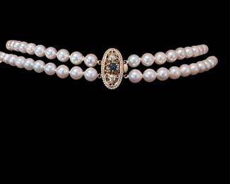 Double Strand Pearl 14K Gold Pendant & Clasp with Diamonds, Rubies, & Sapphires. 2 of 4 photos.