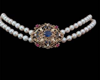 Double Strand Pearl 14K Gold Pendant & Clasp with Diamonds, Rubies, & Sapphires. 1 of 4 photos.