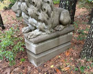 One of Two Very Large Concrete Lion Statues Two Pieces with Base.     Base is 24 inches high & 36 inches in length. Lions are 32 inches high. 56 inches total in height. 36 inches total length and 21 inches wide. GORGEOUS!