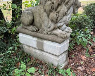 One of Two Very Large Concrete Lion Statues Two Pieces with Base.     Base is 24 inches high & 36 inches in length. Lions are 32 inches high. 56 inches total in height. 36 inches total length and 21 inches wide. GORGEOUS!