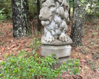 One of Two Very Large Concrete Lion Statues Two Pieces with Base.     Base is 24 inches high & 36 inches in length. Lions are 32 inches high. 56 inches total in height. 36 inches total length and 21 inches wide. GORGEOUS!