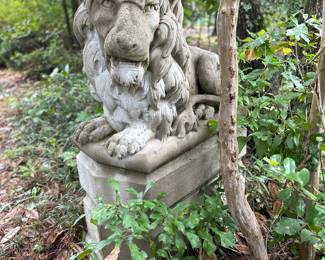 One of Two Very Large Concrete Lion Statues Two Pieces with Base.     Base is 24 inches high & 36 inches in length. Lions are 32 inches high. 56 inches total in height. 36 inches total length and 21 inches wide. GORGEOUS!