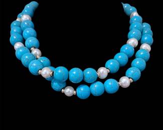 14K Gold Clasp Cultured Pearl & Faux Turquoise Necklace