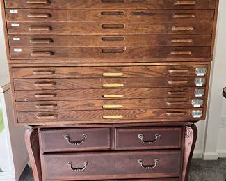 Two (2) Antique Oak 5 drawer flat file cabinets 