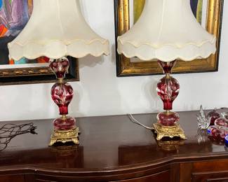 Pair Beautiful Glass Paperweight Lamps