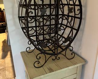 Pine 1 Drawer Table w/ Fantastic Wrought Iron Wine Rack