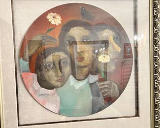 Framed Original Folk Art Painting on Wood Disk