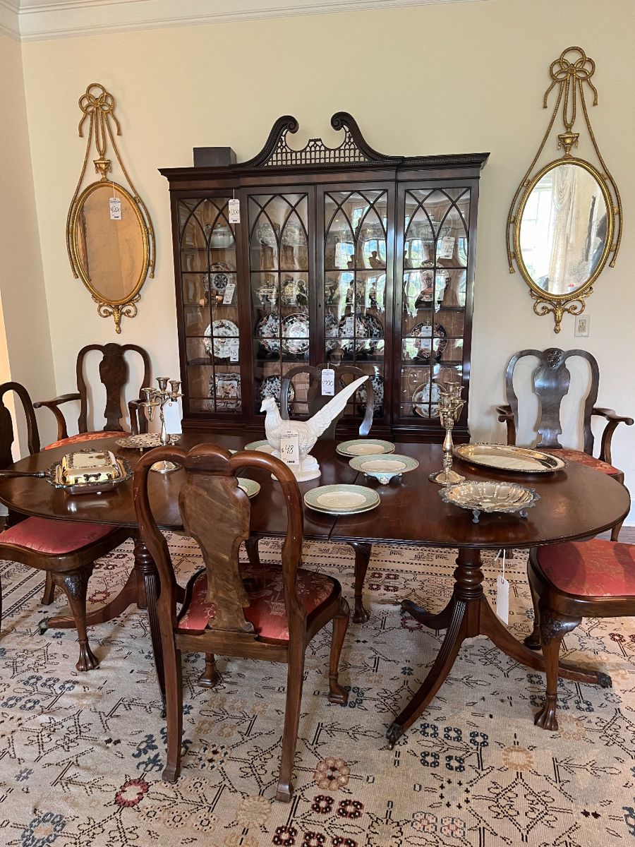 Dining Room Overview.  Baker China Cabinet, 19th C. Adams Style Gilt Wood Mirrors, etc.