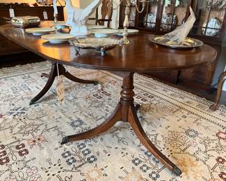 Mid 20th C. Mahogany Double Pedestal Table, English from H. Wilkins and Sons. 