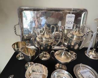 Sanborn Mexican Sterling Waiter Tray (over 2,000 grams) and a Shreve & Co. 5 piece Sterling Silver Tea Service 