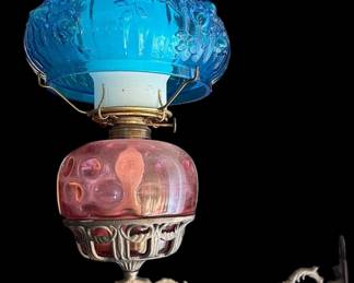 Antique Kerosene Lamp with Cast Iron Cherub Wall Mounted Swing Arm