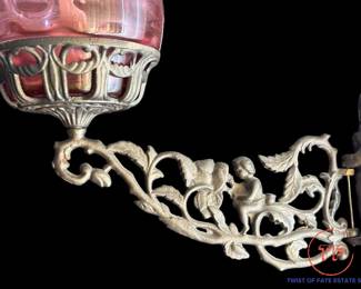 Antique Kerosene Lamp with Cast Iron Cherub Wall Mounted Swing Arm