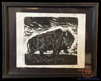 Original Proof PAUL OTERO Regionalist "NEBRASKA" Bison Signed Linocut