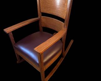 Antique STICKLEY Style Oak Arts and Crafts Barrel Back Rocking Armchair