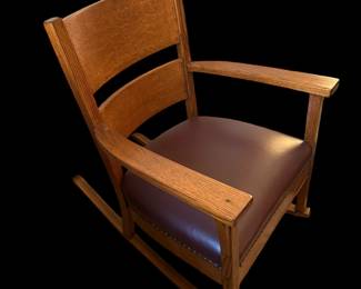 Antique STICKLEY Style Oak Arts and Crafts Barrel Back Rocking Armchair