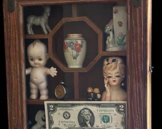LOT - Antique Display Wall Cabinet with Collectibles