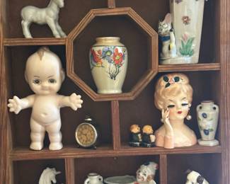 LOT - Antique Display Wall Cabinet with Collectibles