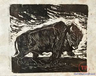 Original Proof PAUL OTERO Regionalist "NEBRASKA" Bison Signed Linocut