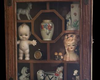 LOT - Antique Display Wall Cabinet with Collectibles