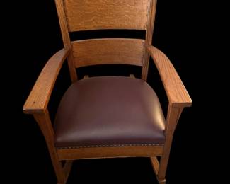 Antique STICKLEY Style Oak Arts and Crafts Barrel Back Rocking Armchair