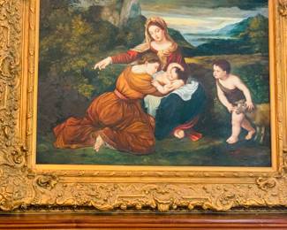 EXTREMELY large copy of  Elizabeth and St. John the Baptist worshiping Baby Jesus with Mary in a gorgeous Rocco style frame
