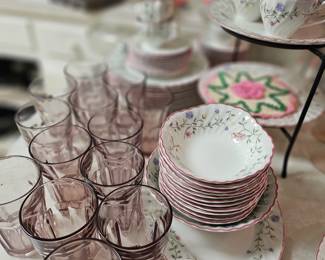 Pink glasses and dainty dish set
