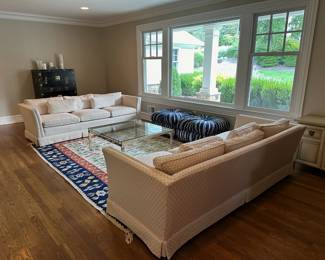 Pair of Sofas, Chrome & Glass Top Coffee Table, Hand Tied Carpet, Pair of Pouf Stools / Ottomans