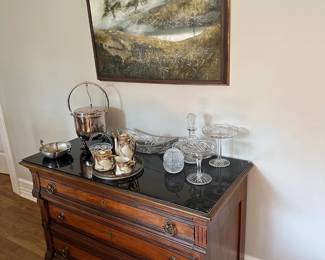 Antique Chest of Drawers, Silver Plate, Cut Glass, Nippon, Painting