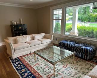 Pair of Sofas (1 of 2), Chrome & Glass Top Coffee Table, Hand Tied Carpet, Pair of Pouf Stools / Ottomans