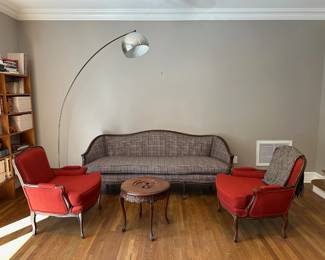 Sofa, Pair of Side Chairs, Large Mid Century Chrome Arc Floor Lamp