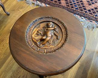 Carved Accent Table w/ Putti / Cherub Carved On Top
