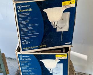 Pair of Churchville Light Fixtures with Frosted White Alabaster Shade and Brushed Nickel Finish, Brand New!