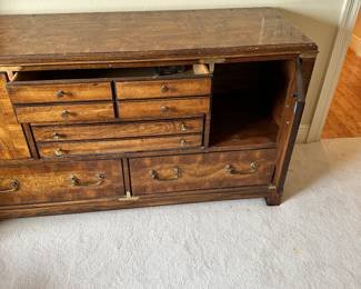 #35 - $280.00 Set of 3 - Lane burlwood cabinet 55Wx31Tx18D can remove brass finials and side chests 55Wx31Tx18D