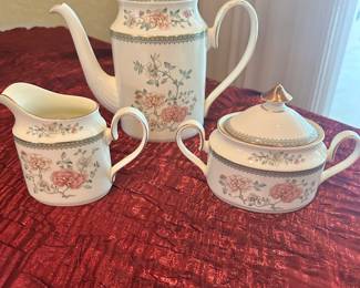 #51 - $600.00 - Minton Jasmine fine bone China set 16 Dinner plates, 16 dessert/salad plates, 8 B&B, 8 Bouillons cups & 8 tea cups and saucers 4 pudding bowls & demitasses creamer & sugar, coffee pot