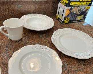 #50 - $380.00 - Sur La Table white made in Portugal pottery set 8 dinner pl, 8 dessert pl., 7 soup bowls, 6 cups 2 serving bowls & 2 platters pieces