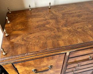 #35 - $280.00 Set of 3 - Lane burlwood cabinet 55Wx31Tx18D can remove brass finials and side chests 55Wx31Tx18D