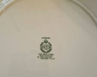 #51 - $600.00 - Minton Jasmine fine bone China set 16 Dinner plates, 16 dessert/salad plates, 8 B&B, 8 Bouillons cups & 8 tea cups and saucers 4 pudding bowls & demitasses creamer & sugar, coffee pot