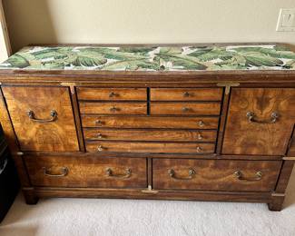 #35 - $280.00 Set of 3 - Lane burlwood cabinet 55Wx31Tx18D can remove brass finials and side chests 55Wx31Tx18D