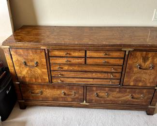 #35 - $280.00 Set of 3 - Lane burlwood cabinet 55Wx31Tx18D can remove brass finials and side chests 55Wx31Tx18D