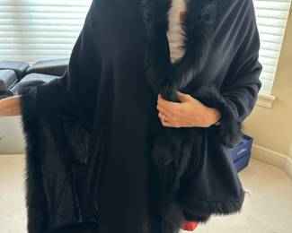 #16 - $300.00 - Valentino Italy black cashmere shawl/wool with fur edges wrap