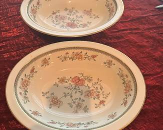 #51 - $600.00 - Minton Jasmine fine bone China set 16 Dinner plates, 16 dessert/salad plates, 8 B&B, 8 Bouillons cups & 8 tea cups and saucers 4 pudding bowls & demitasses creamer & sugar, coffee pot