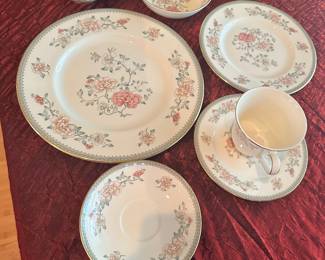 #51 - $600.00 - Minton Jasmine fine bone China set 16 Dinner plates, 16 dessert/salad plates, 8 B&B, 8 Bouillons cups & 8 tea cups and saucers 4 pudding bowls & demitasses creamer & sugar, coffee pot