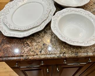 #50 - $380.00 - Sur La Table white made in Portugal pottery set 8 dinner pl, 8 dessert pl., 7 soup bowls, 6 cups 2 serving bowls & 2 platters pieces
