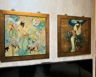 #10 & #11 - $80 EACH 2 lacquer panels 24x24 Birds & Geisha