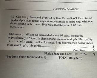 #83 - 14kt yellow gold setting 0.97 ct - size 8.5 - $2,285.00