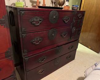 #3- $450 - Dark Red Tanzu Chest smaller w/Handles 42W X 17 1/2D X 38H....