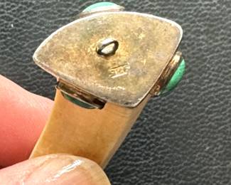 #123 -$60  hogg tooth pendant sterling bail with 3 malachite cabochon - 4"T approx